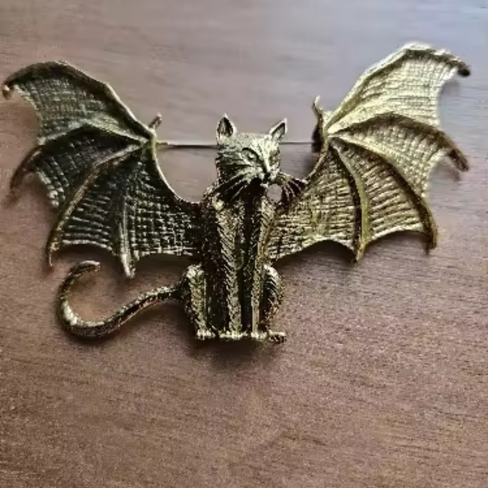 Egyptian Bat Cat Brass Brooch